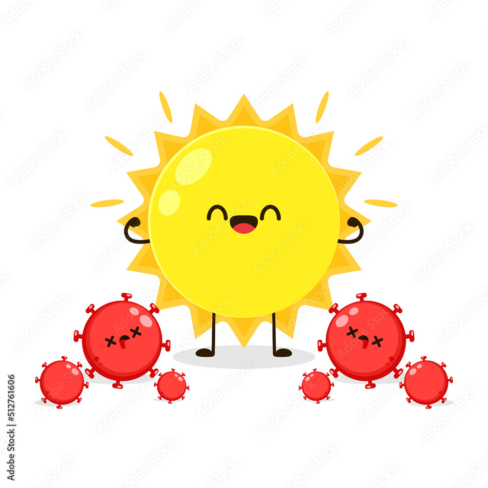 Sun cartoon vector. Summer sun light kill and reduce infection rate of Coronavirus COVID-19 outbreak crisis concept, Hot sun shinning and burn to melt COVID-19 Coronavirus. Sun cartoon vector. Summer sun light kill and reduce infection rate of Coronavirus COVID-19 outbreak crisis concept, Hot sun shinning and burn to melt COVID-19 Coronavirus.