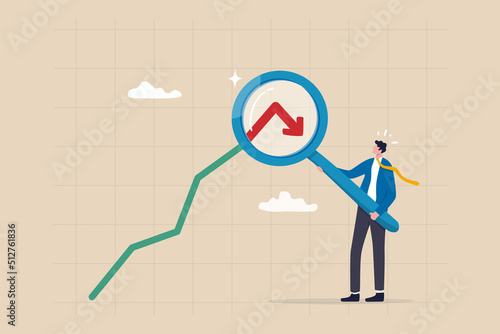 Stock market or Cryptocurrency decline, down turn or economic recession, market plunge signal, inflation or interest rate falling down concept, businessman analyst with magnifier on arrow turn down.