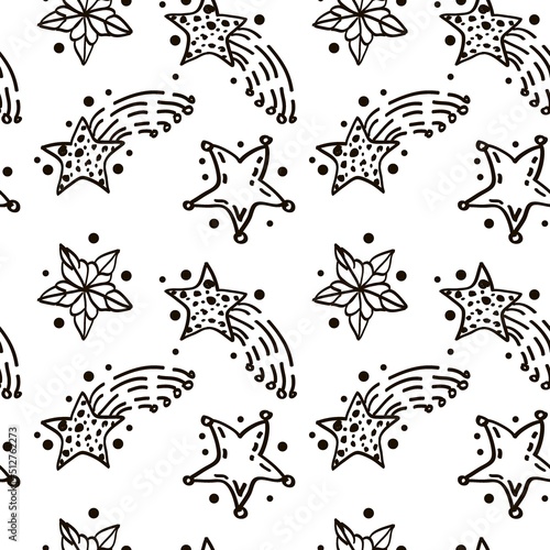 Modern geometric star pattern on white background. Doodle style vector. Star silhouettes with polka dots. Vector star pattern on white background.