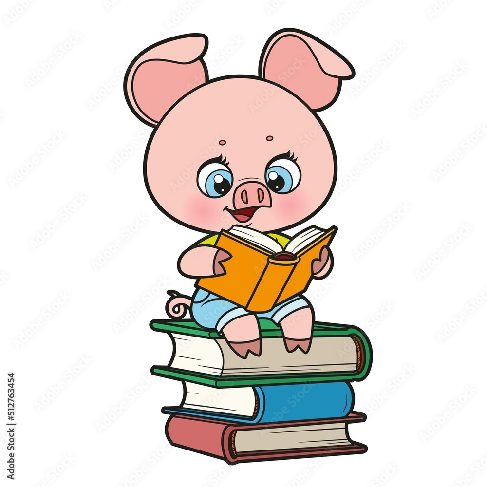 Cute cartoon piggy enthusiastically reading a book sitting on stack of books color variation for coloring page on white background