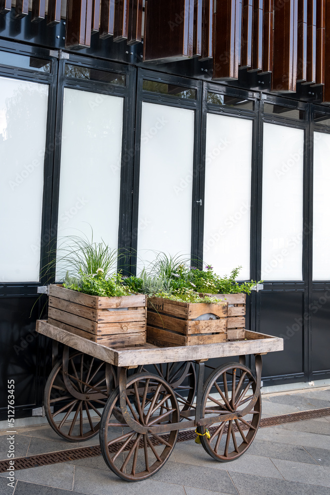 Wooden crates planted with plants and flower on a old cart