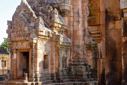 In front of sandstone castle, Phanom rung in Buriram province, Thailand. Religious buildings constructed by the ancient Khmer art, clear sky.