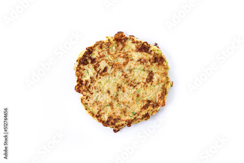 Zucchini fritters isolated on white background. Vegetable pancakes.