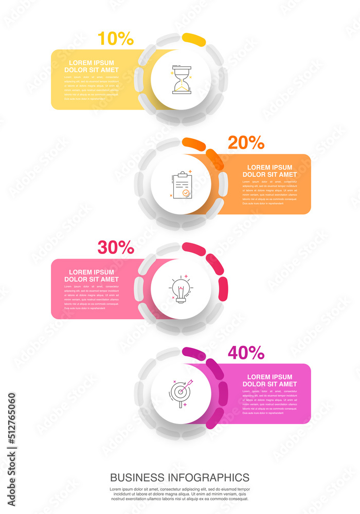 Fototapeta premium Modern vector infographics design template. Concept with 4 steps, labels. Creative timeline with graph elements, percentage circles and icons. Performance analysis in percent