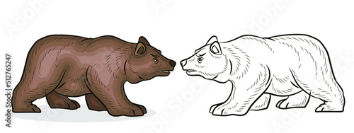 Animals, bear. Black and white and color image. Coloring book for children. Vector drawing.