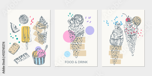 Hand drawn sweet dessert pencil sketch set with ice cream, popsicle, cones, chocolate, waffle, cookies