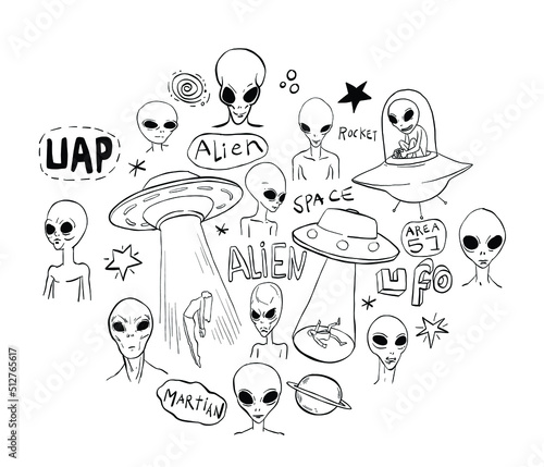 Set of alien and ufo icon, hand drawn illustration.
