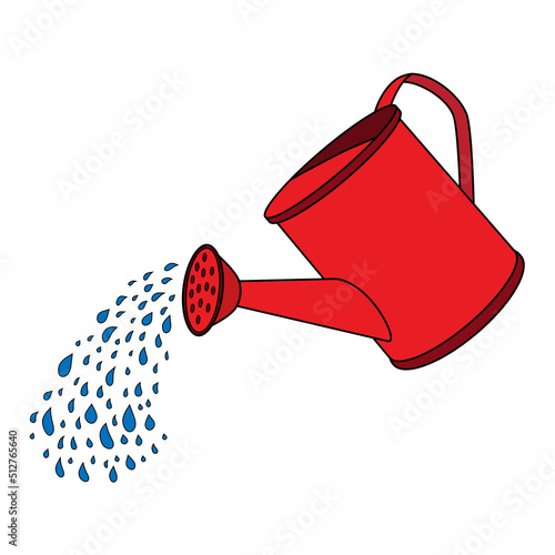 Cartoon Watering Can sprays water drops. Red Garden Water can. Drops of water falling from a watering can. Irrigation symbol. Education card for kids learning garden inventory. Tools for the garden.