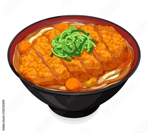 Traditional japanese chicken katsu udon noodles recipe. Asian fried chicken curry udon noodles menu close up illustration vector.