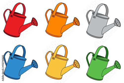 Set of colorful cartoon watering cans. Garden watering can icon set isolated on white background. Gardening tools to water the plants and flowers. Education card for kids learning garden inventory.