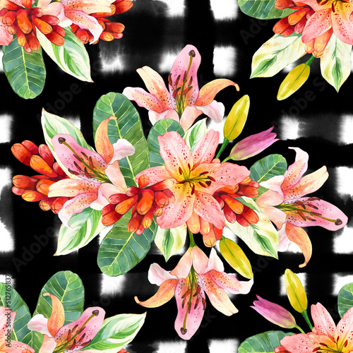 Fotografering Lilies bouquet watercolor seamless pattern