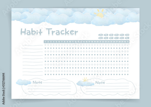 Habit tracker. Monthly planner. Monthly planner habit tracker blank template. Vector illustration. Minimal style. Clean style. Daily to do. Cute style.