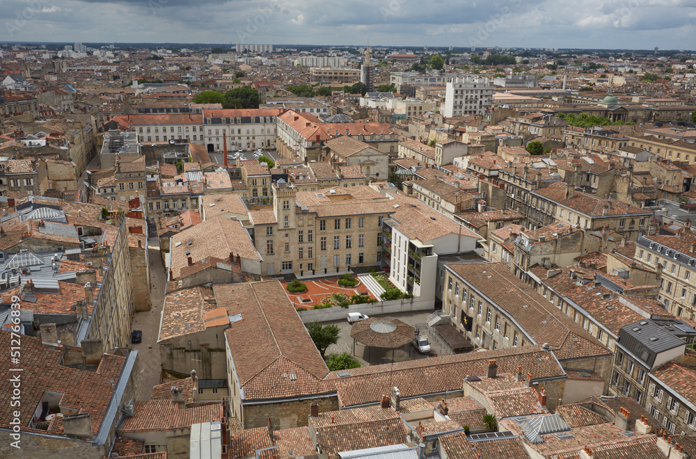 Aerial view of the skyline of of the old city of Bordeaux, France