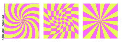 Vector trendy funny abstract retro 60s, 70s hippie cards in pop art comics style. Background with waves, spiral and curves for flyer template, art print, poster, paper, textile, cover, fabric