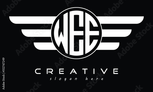 WEE three letter circle with wings logo design vector template. wordmark logo | emblem logo | monogram logo | initial letter logo | typography logo | business logo | minimalist logo |	