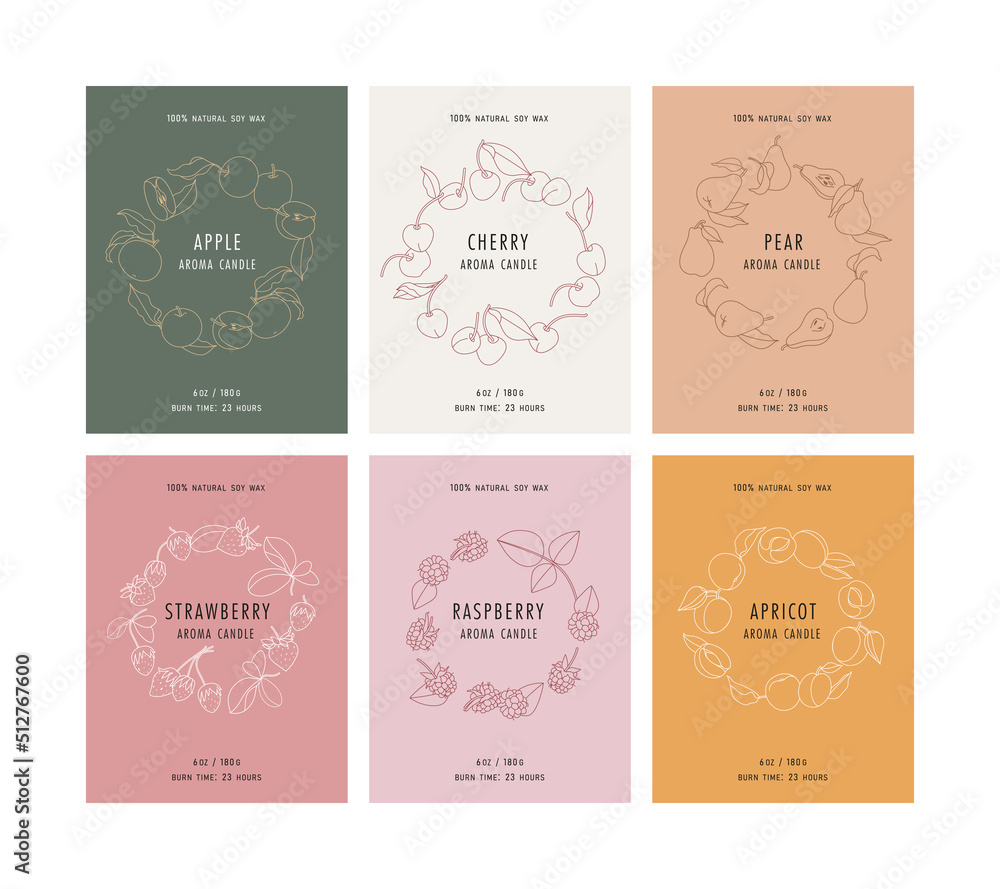 Vector set of labels for aroma candles with fruits wreath. Sticker backgrounds for packaging. Vector set of labels for aroma candles with fruits wreath. Sticker backgrounds for packaging.