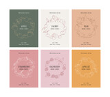 Vector set of labels for aroma candles with fruits wreath. Sticker backgrounds for packaging.
