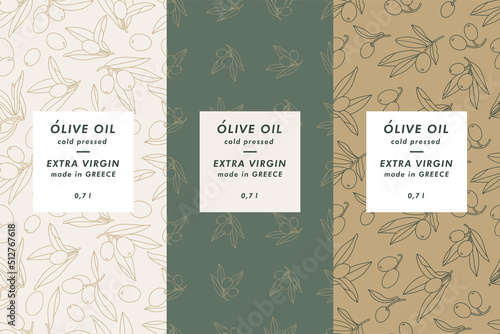 Vector set labels with olive branch - simple linear style. Emblems composition with olives and typography. Seamless pattern.