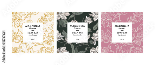 Vector set seamless patterns for cosmetics with template design labels. Backgrounds with magnolia flowers for handmade soap.