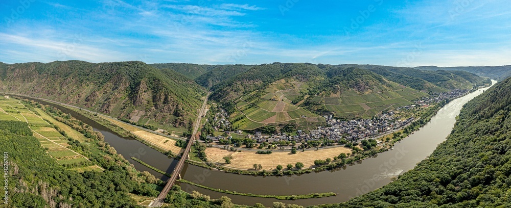 View of the Mosel loop near the village of Ediger-Eller in Rhineland-Palatinate during the day