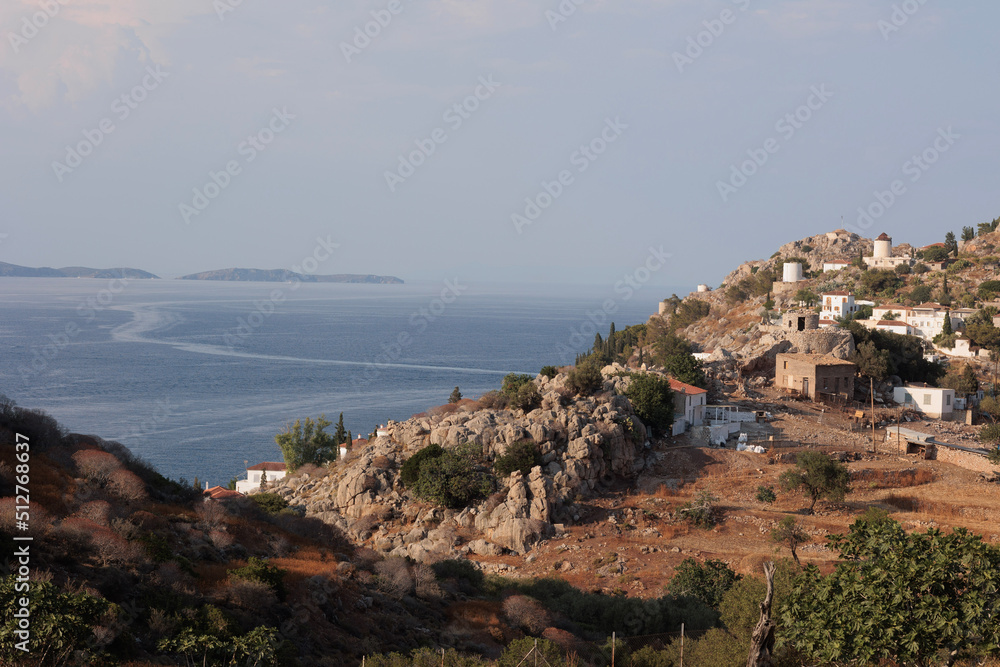 view for the ocean rom the top of the mountain in Hydra Greece 