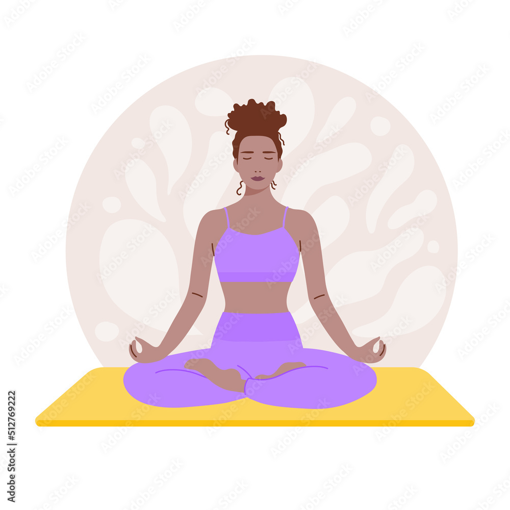 Woman with closed eyes in lotus pose. Girl practicing meditation. Concept of yoga, calm, concentration. Vector illustration, flat design Woman with closed eyes in lotus pose. Girl practicing meditation. Concept of yoga, calm, concentration. Vector illustration, flat design