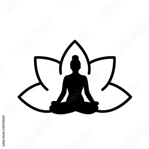 Woman silhouette inside a lotus flower. Yoga lotus position. Black color. Vector illustration, flat design