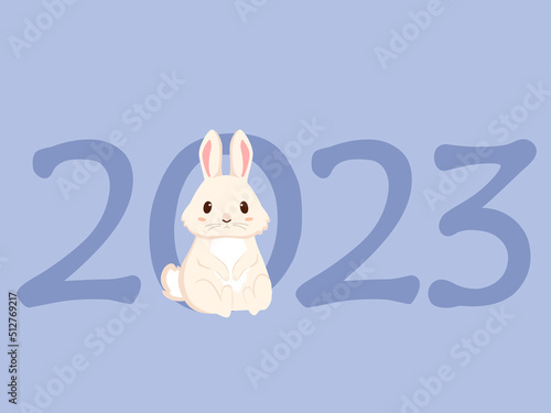 2023 with zodiac sign, year of the Rabbit, with cute cartoone white Rabbit