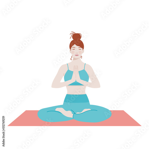 Woman with closed eyes with her hands together. Girl practicing meditation. Yoga pose. Concept of yoga, calm, concentration. Vector illustration, flat design