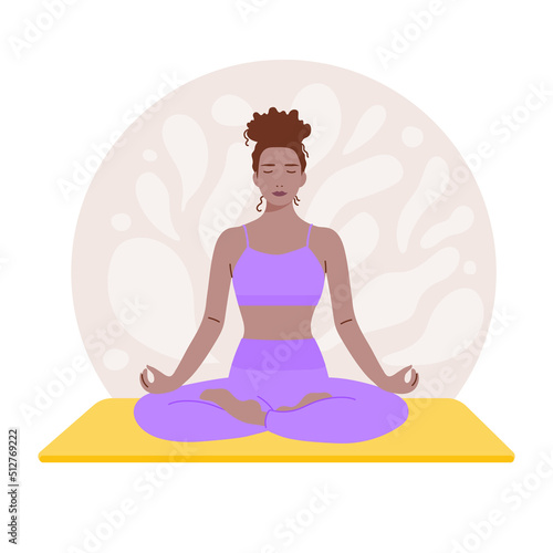 Woman with closed eyes in lotus pose. Girl practicing meditation. Concept of yoga, calm, concentration. Vector illustration, flat design