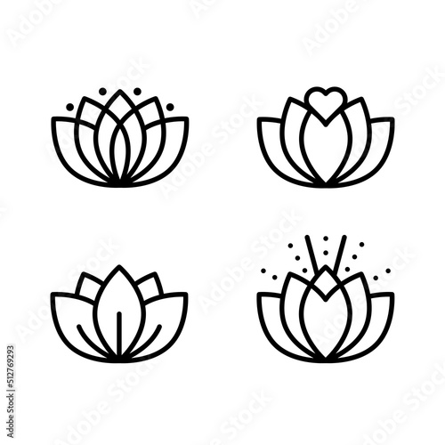 Lotus flower icon set. Black outline symbols. Concept of meditation, nature, physical and mental health. Vector illustration, flat design