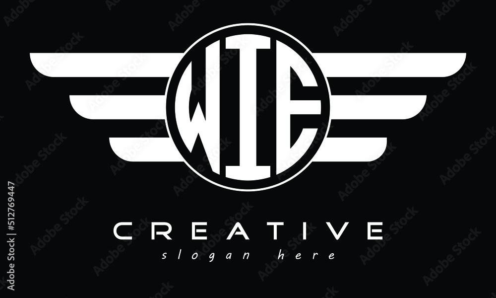 WIE three letter circle with wings logo design vector template. wordmark logo | emblem logo | monogram logo | initial letter logo | typography logo | business logo | minimalist logo |	 - obrazy, fototapety, plakaty 