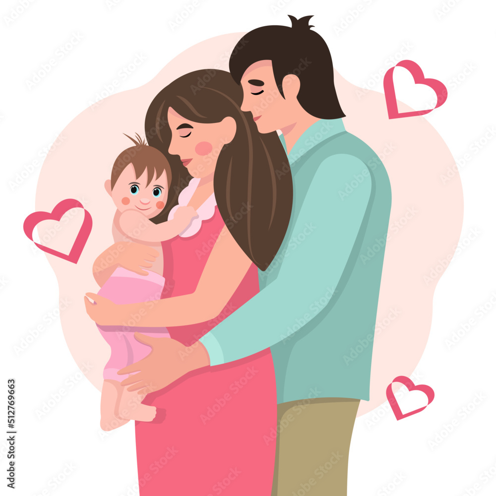 Happy family concept. Concept of warm love. Pregnancy and motherhood. Vector illustration in a flat style.The parents are holding the newborn. Happy family portrait. Happy family concept. Concept of warm love. Pregnancy and motherhood. Vector illustration in a flat style.The parents are holding the newborn. Happy family portrait.