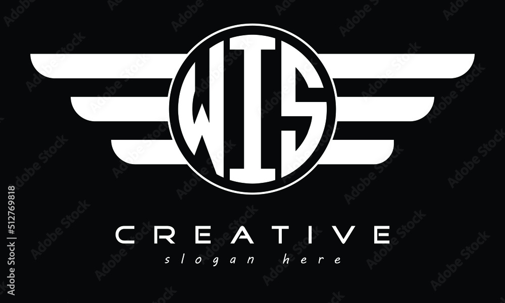 WIS three letter circle with wings logo design vector template. wordmark logo | emblem logo | monogram logo | initial letter logo | typography logo | business logo | minimalist logo |	 - obrazy, fototapety, plakaty 