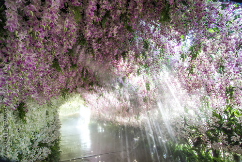 Bang Phae,Ratchaburi province,Thailand on April 13,2019:Beautiful orchid tunnel with fog spray during Songkran Festival at NaSatta Thai Park . photo