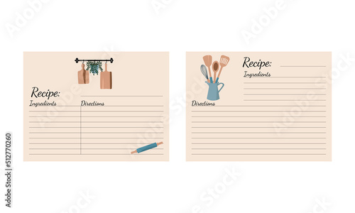 Collection of recipe card or sheet templates for making notes about meal preparation and cooking ingredients. Empty cookbook pages. Vector illustration. photo