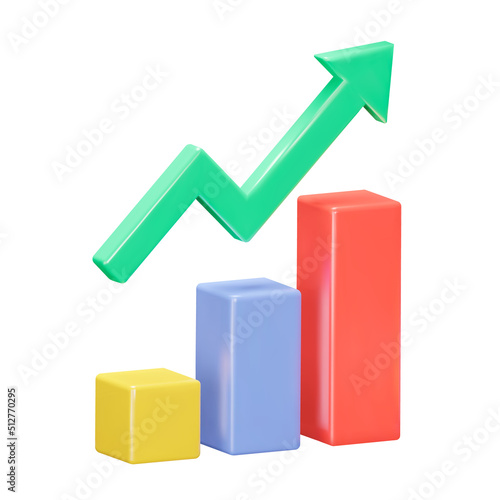 Statistics graph 3d icon. growing bars. columns with an arrow. Isolated object on a transparent background