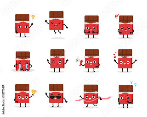 Open chocolate bar set emotions characters. Flat vector illustration