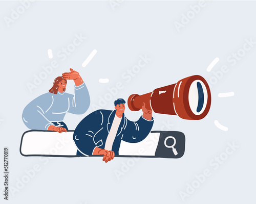Vector illustration of woman and mat using web search engine to searching smth. Team people with spyglass