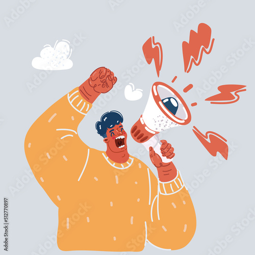 Vector illustration of man with bullhorn megaphone loudspeaker. advertising announcement cry information concept.