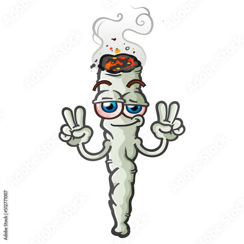 A happy, stoned marijuana joint cartoon character flashing a peace sign hand gesture