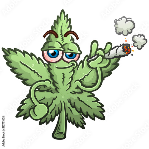 Fototapeta Naklejka Na Ścianę i Meble -  A marijuana cannabis leaf vector cartoon character illustration smoking a joint and puffing smoke