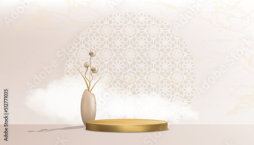Studio room with 3d podium and flowers ball in vase on floor,Beige colour Gallery room with cloud and oriental patterns on wall background.Vector illustration backdrop minimal for product presentation