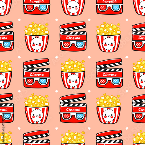 Funny cute happy popcorn and movie clapper seamless pattern characters. Vector kawaii line cartoon style illustration. Cute popcorn and movie clapper pattern