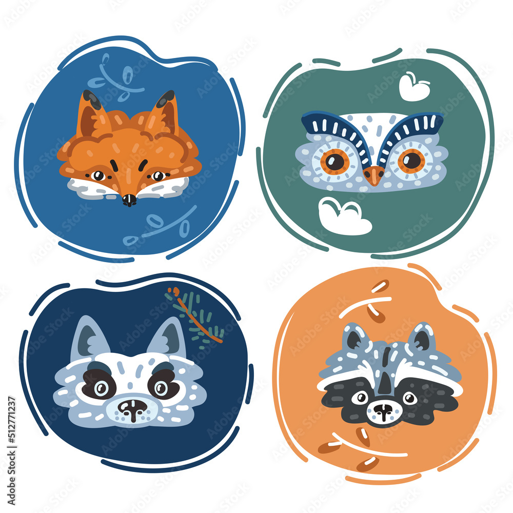 Vector illustration of Cute animals faces. Owl, raccoon, fox, wolf Vector illustration of Cute animals faces. Owl, raccoon, fox, wolf