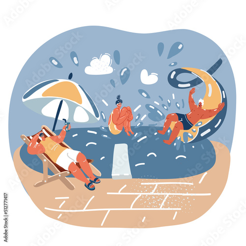 Vector illustration of Pool party. Summer vacation, cartoon friends have fun meeting.swimming together, water club, enjoying holiday riding on water slider, diving, relaxing in chaise longue