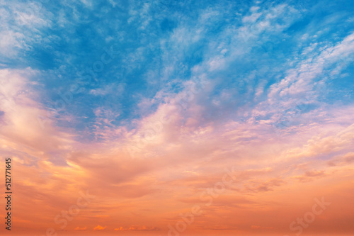 Colorful cloudy sky at sunset. Gradient color. Sky texture. Abstract nature background