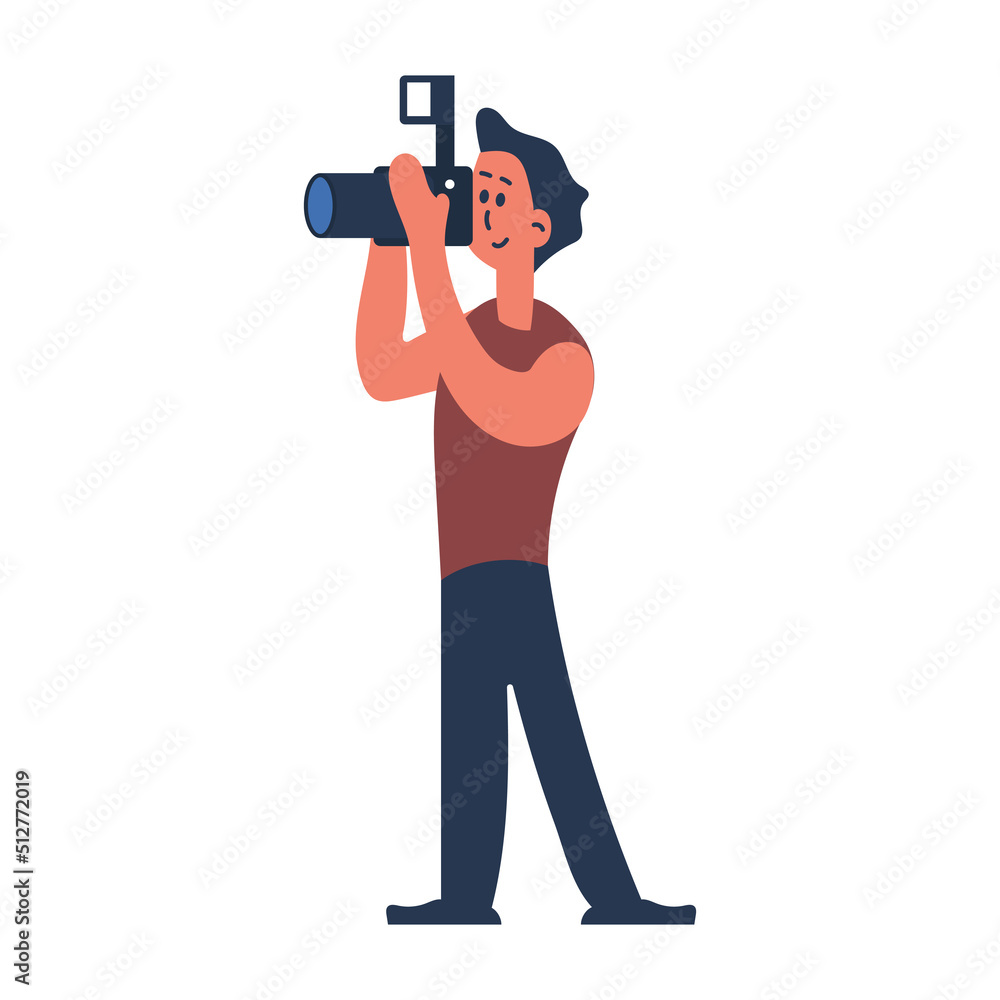 Person man with photo camera vector illustration. Male professional photographer and cartoon human photograph standing. Character shooting and work with equipment. Adult guy working and shoot video Person man with photo camera vector illustration. Male professional photographer and cartoon human photograph standing. Character shooting and work with equipment. Adult guy working and shoot video