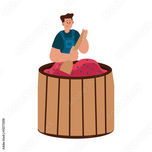 Man making wine from fruit vector illustration. Grape winery cartoon harvesting on vineyard wooden barrel. Harvest process agriculture adult character and farmer production alcohol. Drawing winemaker