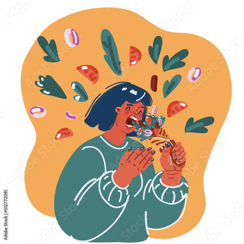 Vector illustration of Young woman eating tasty shawarma